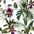 Exotic flowers seamless pattern. Tropical volet bordo orchid flowers and palm leaves in summer print. Royalty Free Stock Photo