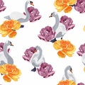 Beautiful seamless pattern with white swans and yellow violet tulips flowers illustration on white background.