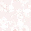 Beautiful seamless pattern with swans bird silhouette and line flowers illustration in beige color background.