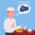 Ector illustration of a Muslim man Hungry Waiting Iftar Time