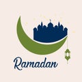 Ramadan Kareem Islamic greeting card design with an element of a crescent with lantern and dome mosque.