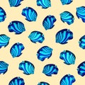 Bright blue ocean fishes on calm yellow background. Seamless tropical summer pattern.