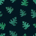 Flat tropical green leaves on dark background. Seamless natural summer pattern. Royalty Free Stock Photo