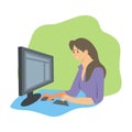 Illustration vector graphic of a woman holding a mouse and keyboard in front of a computer screen Royalty Free Stock Photo