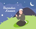 Illustration vector graphic of a Muslim is praying at night and chanting ramadan kareem