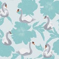 Beautiful seamless pattern with swans bird silhouette and line blue peony flowers illustration in blue color background.