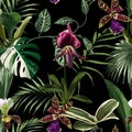 Exotic flowers seamless pattern. Tropical violet bordo orchid flowers and palm leaves in summer print.