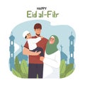Vector illustration of a Muslim family, a mother wearing a hijab, and a father holding her son, they are happy Royalty Free Stock Photo