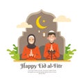 Vector illustration of a couple of Muslim men and women giving greetings to the Eid al-Fitr, with mosque decorations, lanterns, an Royalty Free Stock Photo