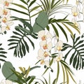 Vintage colors seamless tropical pattern with colorful leaves and orchids flowers on white background. Royalty Free Stock Photo