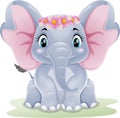 Cartoon cute baby elephant sitting in the grass