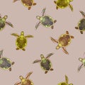 Colorful hand drawn little turtles on pale pink background. Seamless cute animal sea pattern.