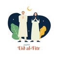 Vector illustration of a couple of Muslim men and women giving greetings to the Eid al-Fitr, with crescent decorations Royalty Free Stock Photo