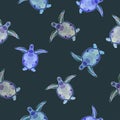 Hand drawn blue and purple cute turtles on dark green background. Seamless animal underwater pattern.