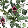 Exotic flowers seamless pattern. Tropical violet bordo orchid flowers and palm leaves in summer print.