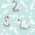 Beautiful seamless pattern with swans bird silhouette and blue fish illustration on blue mint background.