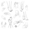 Collection. Silhouettes of human legs and hands in a modern one line style. Continuous line drawing, aesthetic outline for home de