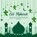 Happy Eid Mubarak banner, Islamic background vector illustration with mosque, crescent moon, silhouette and decorations. Royalty Free Stock Photo