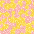 Summer seamless pattern with fruit slices on top of each other. Lemons, oranges and grapefruits repetitive background. Royalty Free Stock Photo