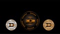 Set of concept dogecoin, golden, black coins, dogecoin, crypto currency on black background. Vector illustration for card, party,