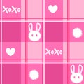 Kawaii tartan model with squares, stripes and gradients. Pink seamless pattern for kids pajamas with rabbits, hearts and text.