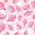 Kawaii seamless pattern with soda cans and cotton candy. Pink girly repetitive background with summer festival treats