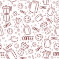 Seamless pattern with cafeteria brown elements. Repetitive background with coffee beans, beverage, cold frappe and chocolate chips Royalty Free Stock Photo