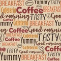 Word cloud with different text related to coffee menu. Seamless pattern with words for brunch and breakfast about beverage