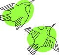 Flight birds in vector illustration. Line art on green spots.