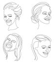 Collection. Woman head silhouette in modern one line style. The lady laughs. Continuous line drawing, aesthetic outline for home d