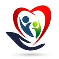 Happy couple care hand love in heart shaped logo parent kids parenting wellness care symbol icon design vector on white background