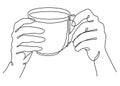 Silhouette of man`s hands with a cup of coffee, tea in a modern one line style. Solid line, aesthetic outline for decor, posters, Royalty Free Stock Photo