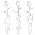 Rose flower. A collection of silhouettes of different types of female figure in the form of a vase in a modern one line style. Sol