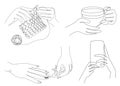 Silhouette of man`s hands with a cup of coffee, phone, knitting, manicure in modern one line style. Solid line, aesthetic outline Royalty Free Stock Photo