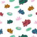 Colorful seamless pattern of frog and lily pad on white background