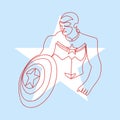 Man holding a shield in red line art drawing on blue background and star sillhouette Royalty Free Stock Photo