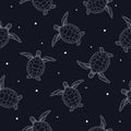 Light hand drawn simple turtles with white dots on black background. Seamless animal sea pattern. Royalty Free Stock Photo