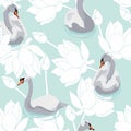 Beautiful seamless pattern with swans bird and line lotus flowers illustration on blue mint background.
