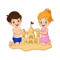 Cartoon boy and girl making sand castles on a beach Royalty Free Stock Photo