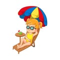 Cartoon girl in swimsuit sunbathing and drink coconut cocktail on the sun chair under beach umbrella Royalty Free Stock Photo