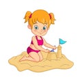 Cartoon girl making sand castles on a beach Royalty Free Stock Photo