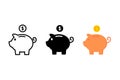 Piggy bank icon. Piggy bank saving money icon in different style. Baby pig piggy bank