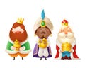 Cute Three Wise men with gifts celebrate Epiphany - Three kings Gaspar, Melchior and Balthazar vector illustration isolated on whi
