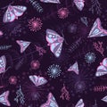 Moths and plants seamless pattern with occult and bohemian theme and pink blue colors. Repeat background with night butterflies Royalty Free Stock Photo