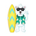 Cartoon polar bear surfer holding surfboard