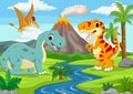 Group of funny cartoon dinosaurs in the jungle Royalty Free Stock Photo