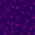 Violet seamless pattern with gradients and starry sky. Repeat background with witch hats, spell books, magic wands and pentagrams.