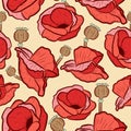 Red papaver somniferum seamless pattern with bulbs. Repeat background with pink pastel poppies and seeds. Vintage floral texture