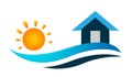 Beach logo water wave Hotel tourism sun home house real people holiday summer beach vector logo design Coast icon background Royalty Free Stock Photo