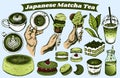 Japanese matcha tea set food. Sketch hand drawn green drink, iced tea, macaron, tiramisu, matcha ice cream, tea leaf, cheesecake Royalty Free Stock Photo